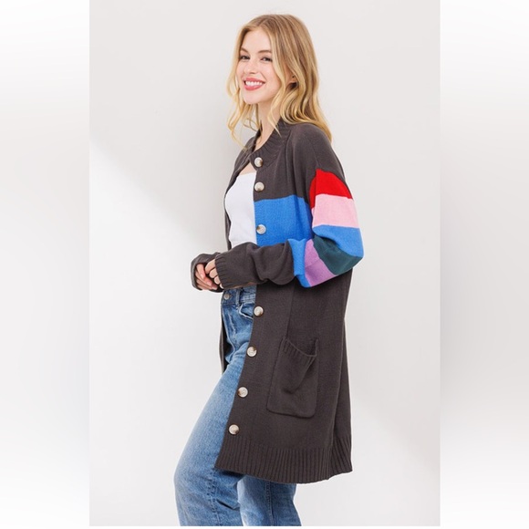 COLOR BLOCK BUTTON DOWN CARDGAN WITH POCKET - Picture 3 of 4